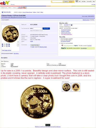 upjohn252 eBay Item 160291405722 Chinese Panda 1 OZ Pure Gold 2006